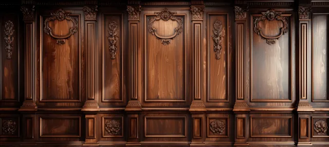 Victorian dark brown wood paneling wall with ornate carved frames and brass trims