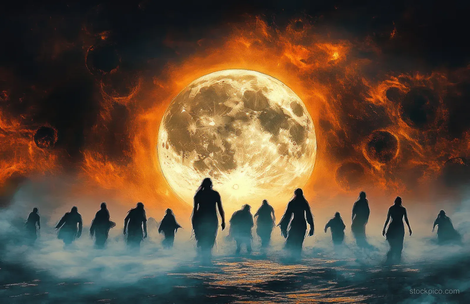 Silhouetted figures walk through fog toward a glowing full moon under a fiery cratered sky.