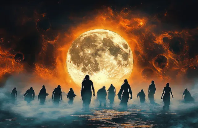 Silhouetted walkers cross misty ground toward a luminous full moon and fiery cratered sky with Moonlit Journey