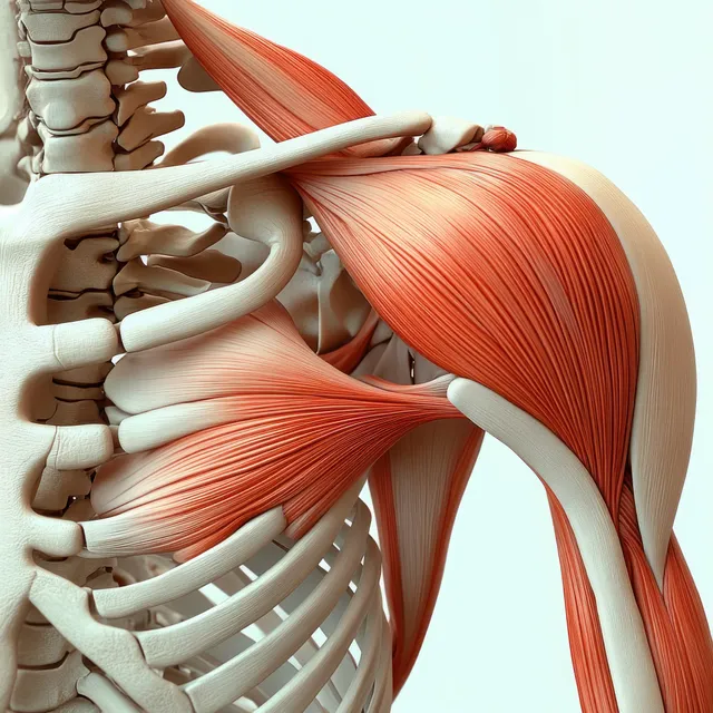 Anterior deltoid muscle anatomy on shoulder bones, clavicle and scapula labeled