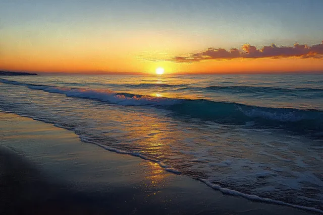 Golden sunset over ocean waves on a quiet sandy beach with a glowing horizon