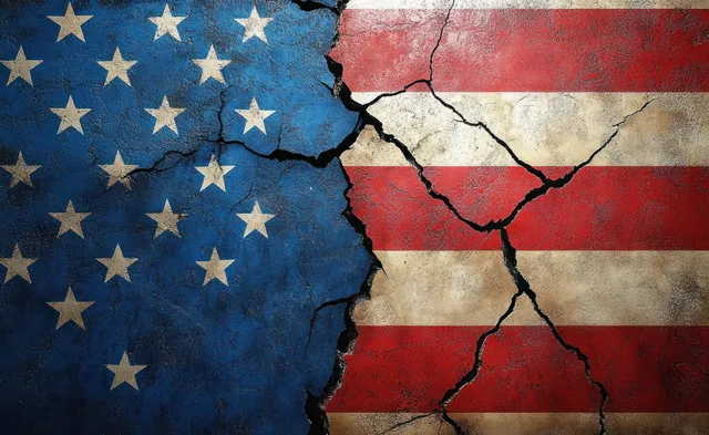A cracked concrete wall splits USA and Russia flag colors across the frame.