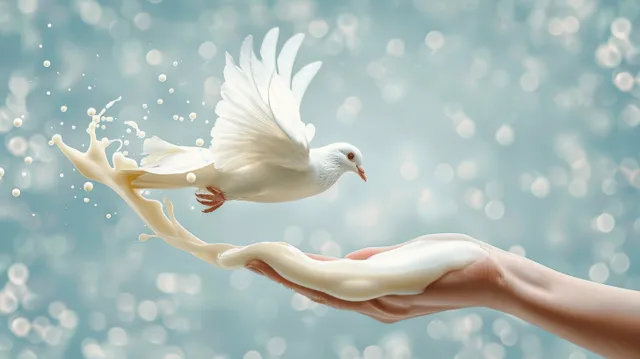 A white dove flies from an outstretched woman’s hand against a soft blue bokeh background.