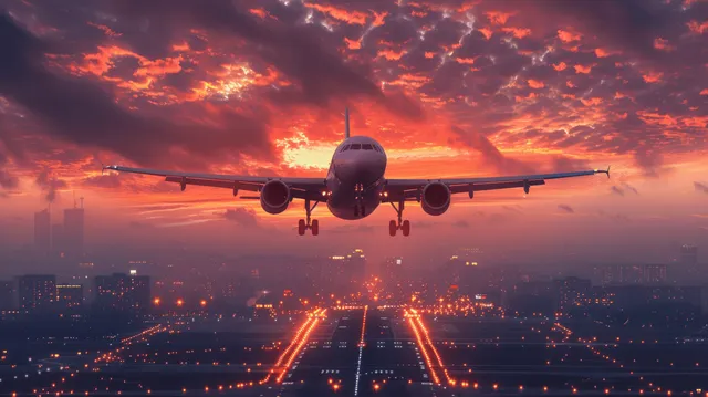 A jet airplane lands on a runway at sunset with glowing city lights and dramatic clouds in the background.