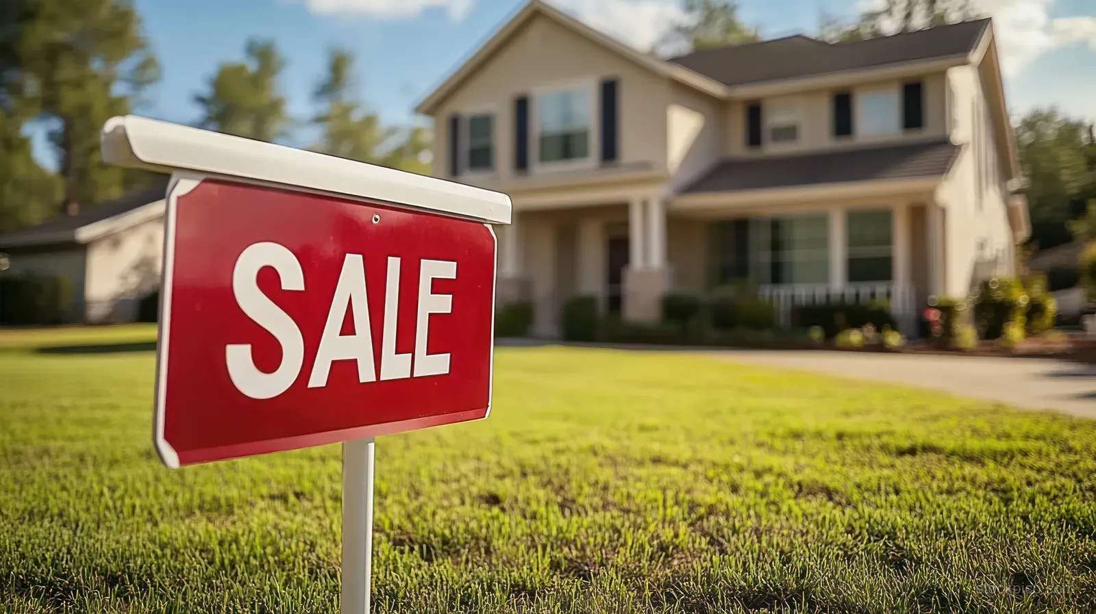 Red SALE sign on a green lawn in front of a modern suburban house under bright daylight.