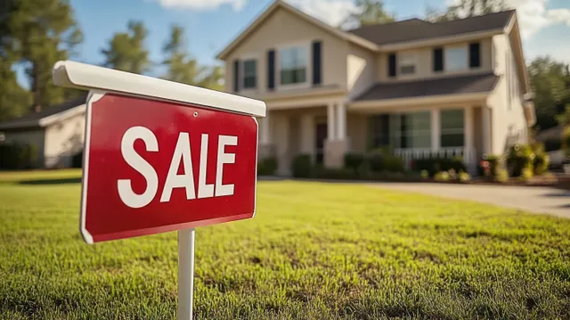 Red SALE sign in front yard beside modern suburban house under bright sunshine