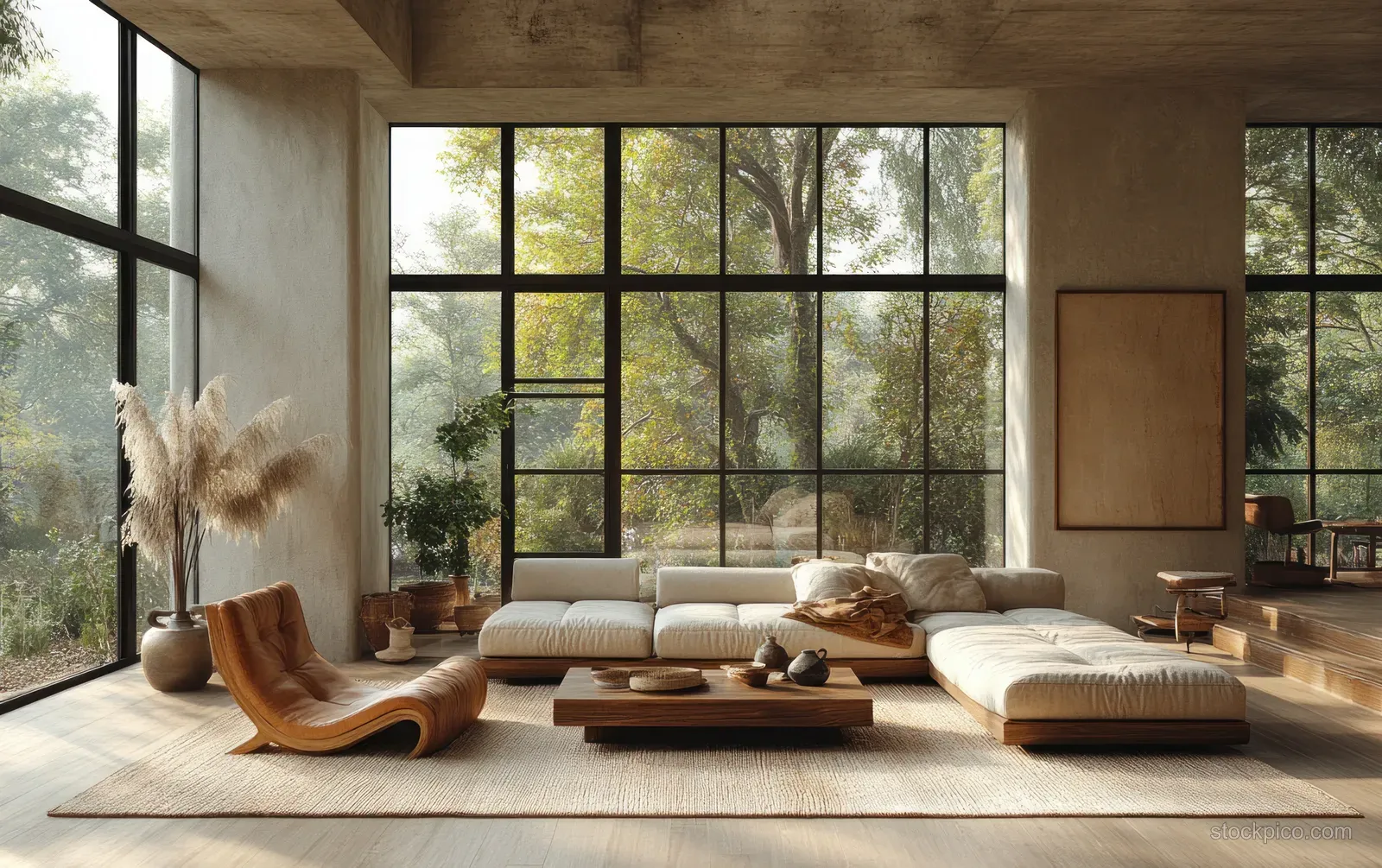 Sunlit Scandinavian living room interior with grid windows, beige sofa, and a styled coffee table on light wood flooring.