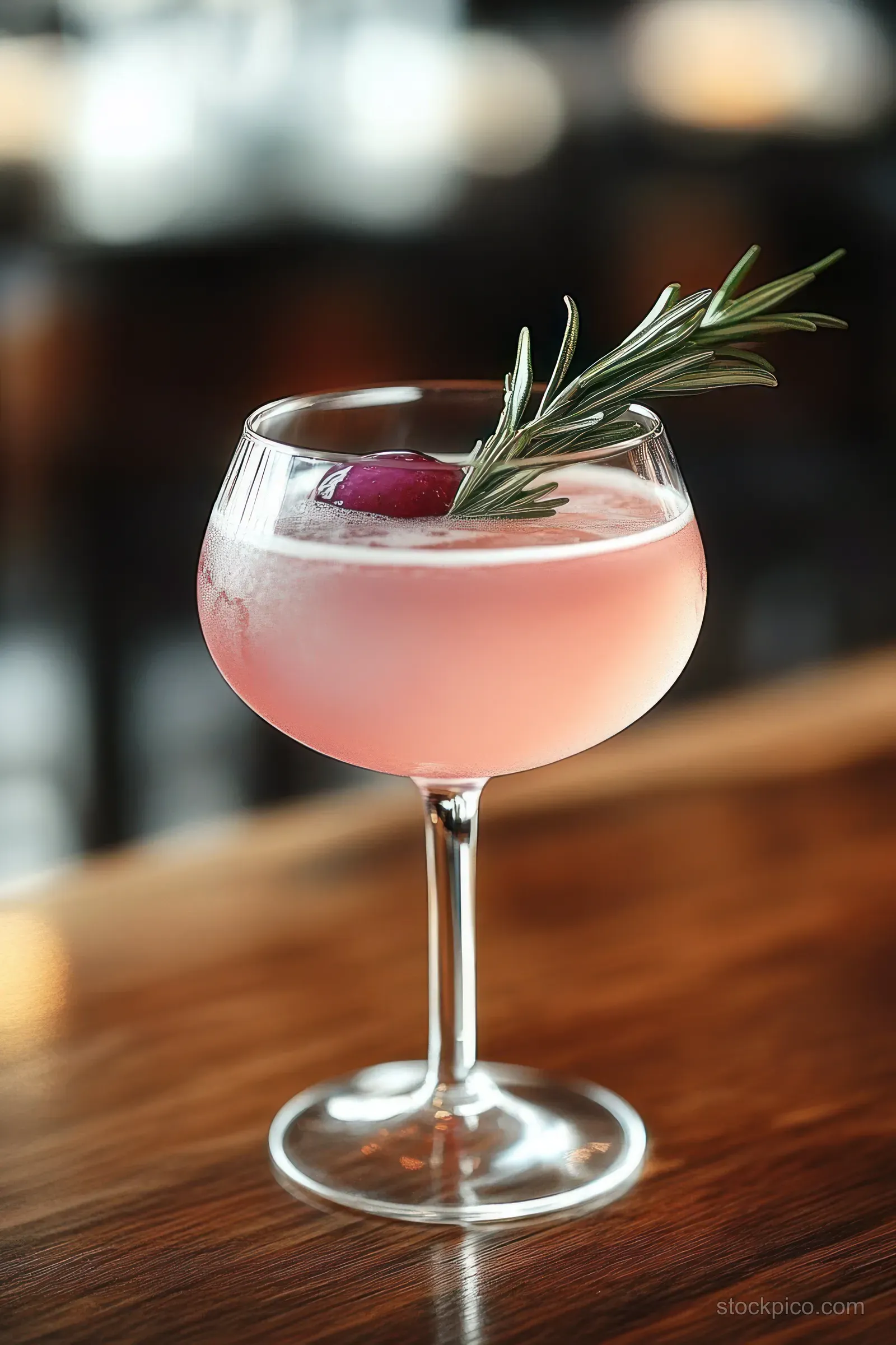 Pink cocktail in a coupe glass garnished with rosemary and a purple fruit on a wooden bar with soft blurred background.
