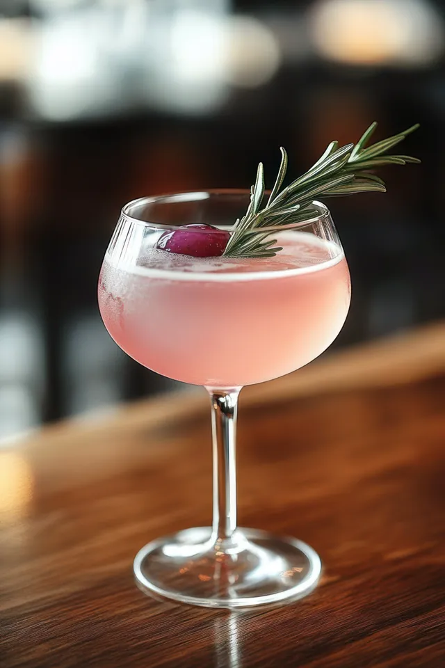 Pink cocktail in a coupe glass garnished with rosemary on wooden bar surface