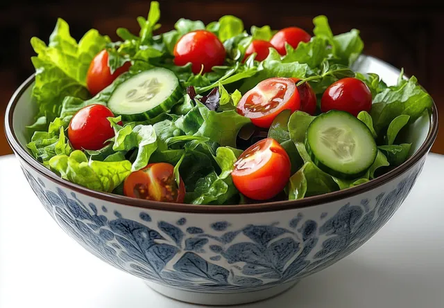 Fresh green lettuce salad with cherry tomatoes and cucumber slices in a blue bowl