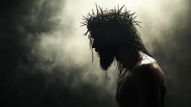 Black Jesus portrait in dramatic silhouette with crown of thorns against smoky light