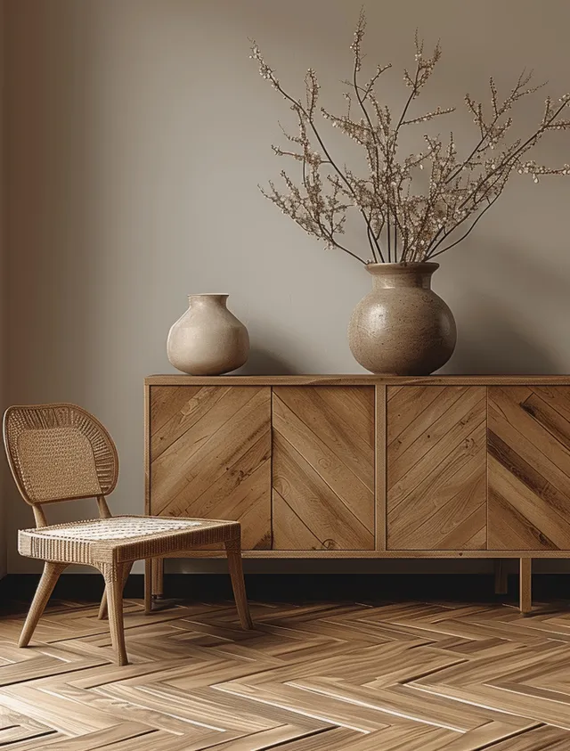 A wooden sideboard with vases and dried branches sits beside a rattan chair on a parquet floor.
