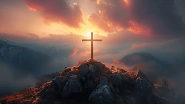 Jesus cross silhouette at sunrise above misty mountains, glowing clouds on Easter morning
