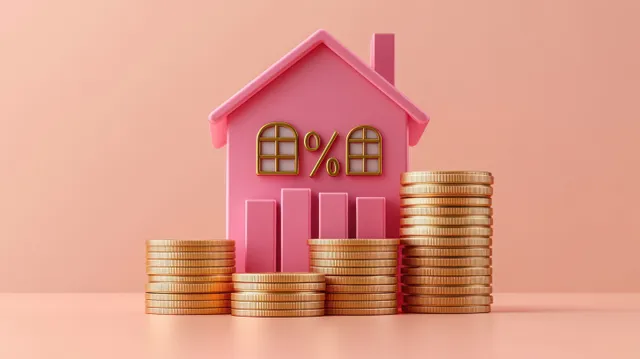 A pink house model with percent symbols behind stacked gold coins and a rising interest-style arrow.