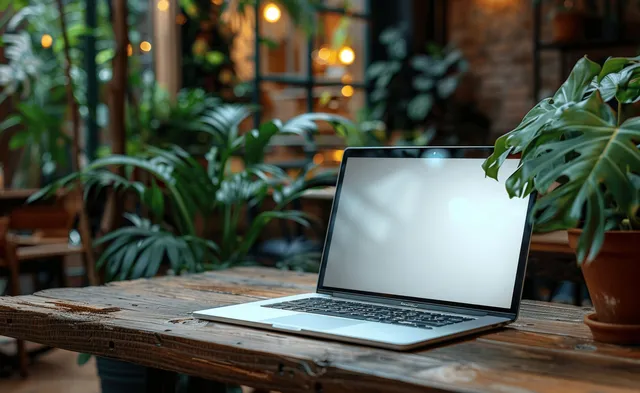 Laptop with Blank Screen on Wooden Table in Cozy Cafe