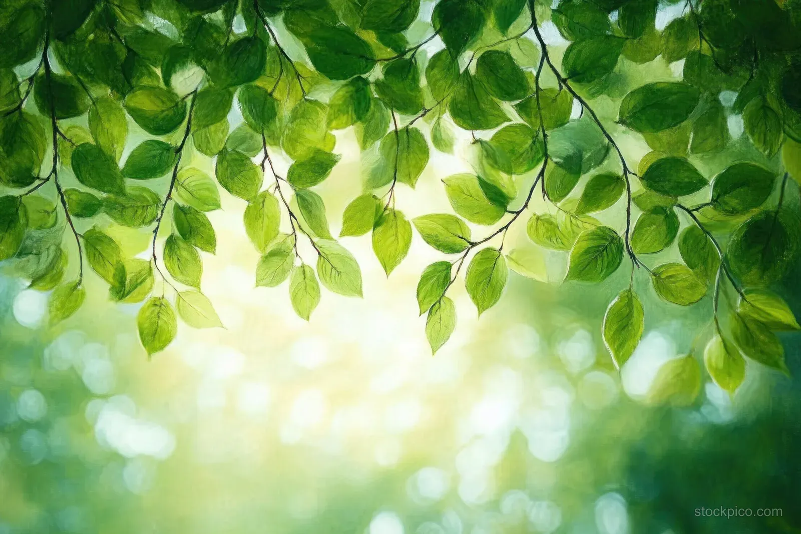 Green leaves hang from branches under soft morning sunlight with a blurred green background and bokeh.