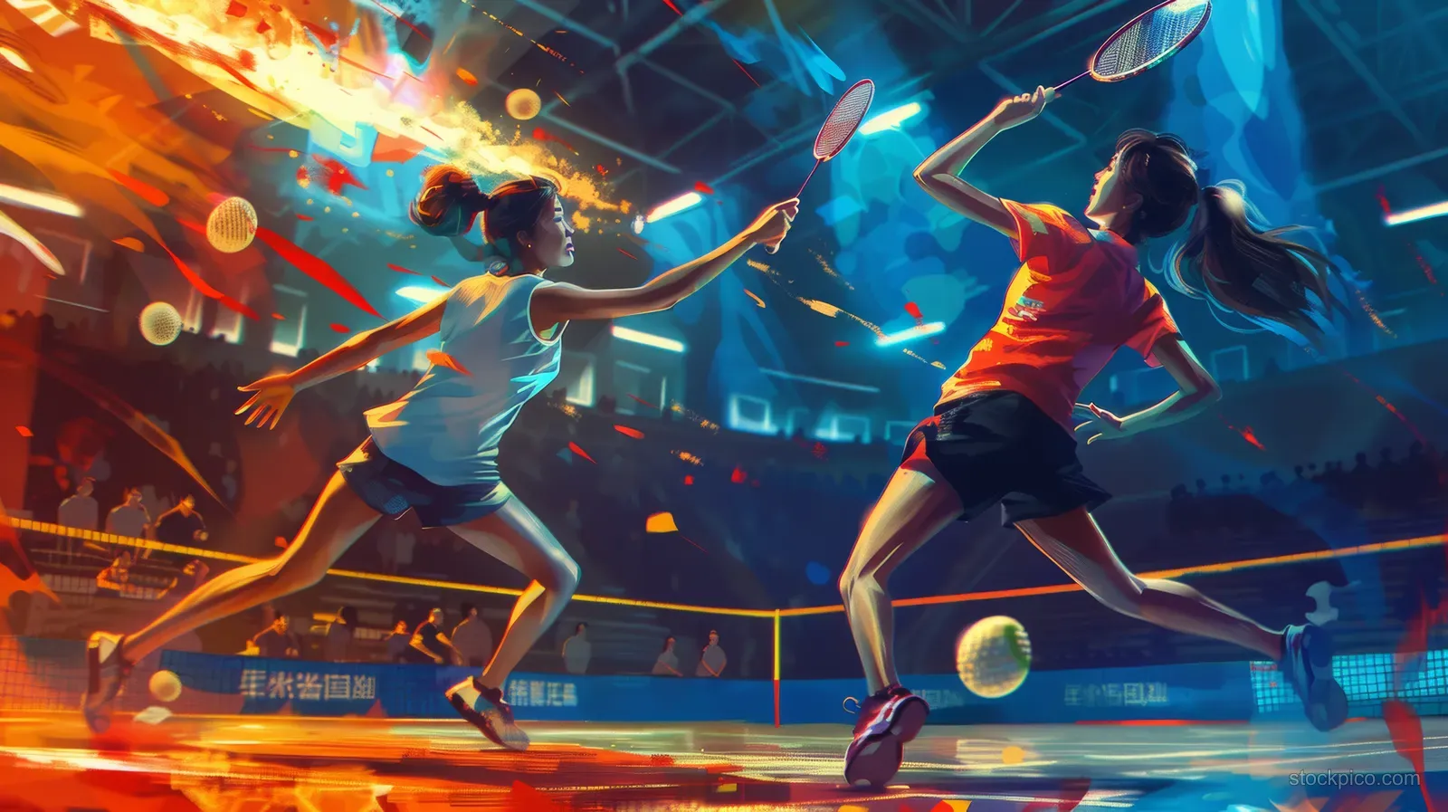 Badminton players in mixed doubles leap and swing toward the shuttle during an indoor match under bright lights.