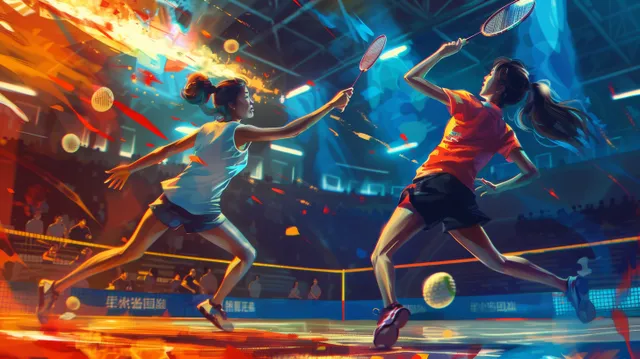 Mixed doubles badminton rally in a lit indoor arena with flying shuttle and motion blur