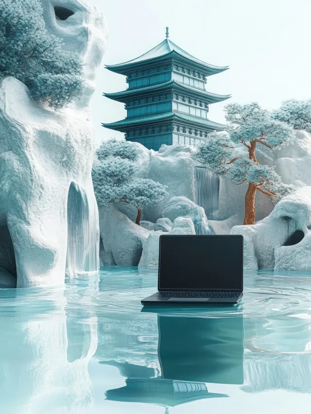 A modern laptop floats on calm water reflecting a multi-tier pagoda amid misty waterfalls and rocky formations.