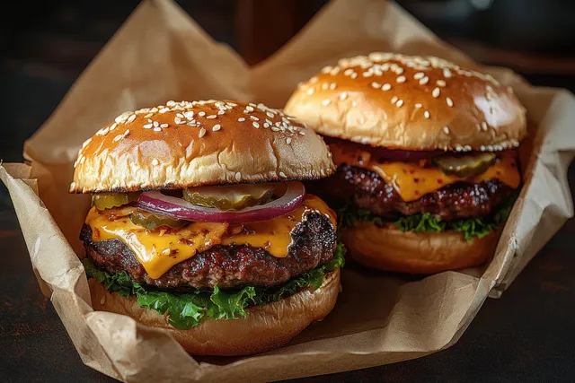 Two cheeseburgers wrapped in brown paper with melted cheddar, pickles, red onion, and green lettuce visible.