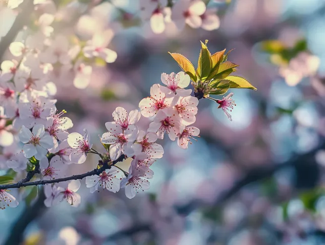 Pink cherry blossoms and fresh green leaves on a tree branch against a soft blurred spring background.