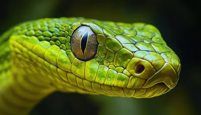 Green snake head close-up with textured scales and alert eye against dark blur
