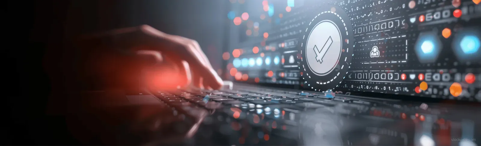 A hand activates a digital certificate checkmark on a glowing assessment and survey interface.