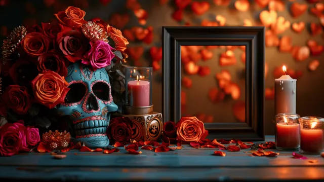 Day of the Dead altar scene with skull, roses, candles, and empty frame on table