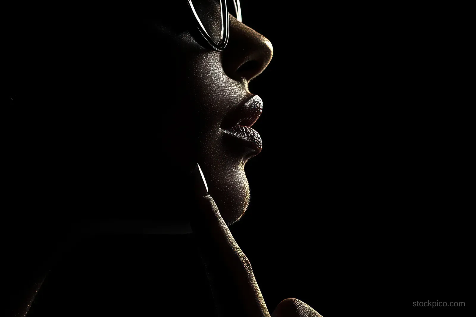 Side profile of a person wearing glasses, touching their chin in dramatic low light.