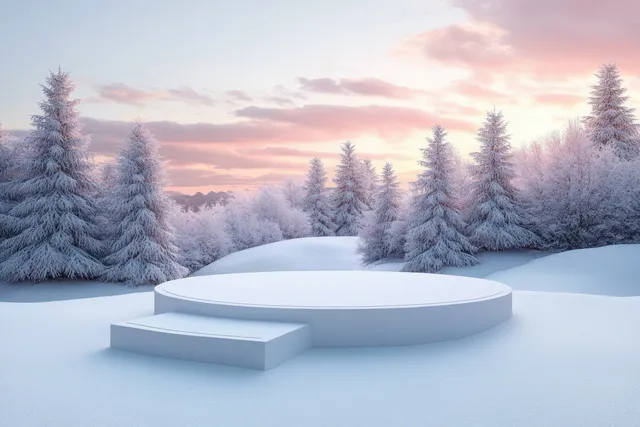 雪地上一个极简白色平台，背景是覆霜的松树和柔和色调的冬日天空。