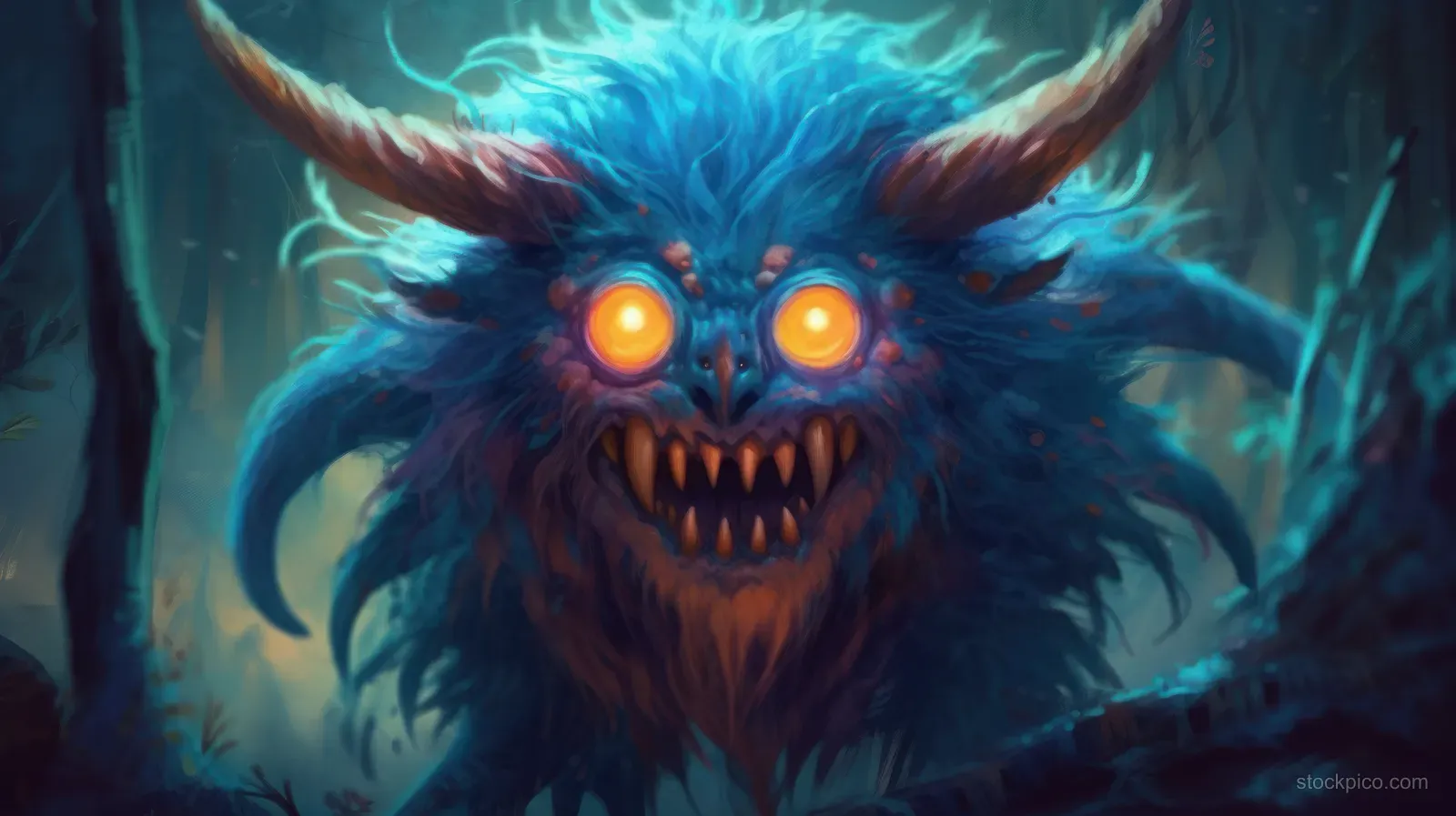 Blue horned monster with glowing amber eyes snarls in a dark teal-lit forest.