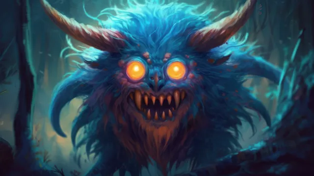 Blue horned monster with glowing amber eyes snarls in a dark teal-lit forest.