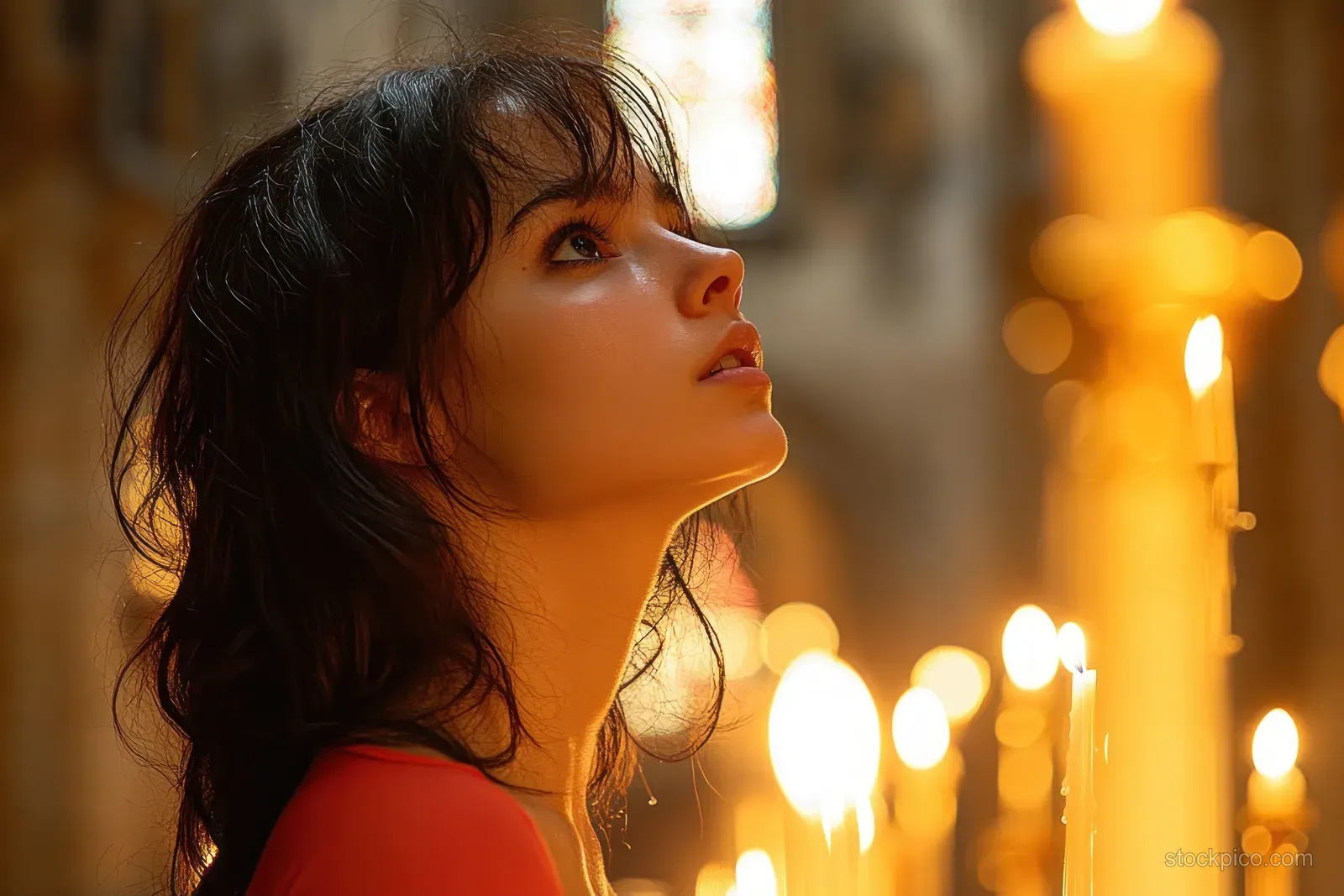 Young woman gazing upward surrounded by softly glowing candles in a dim candlelit room.