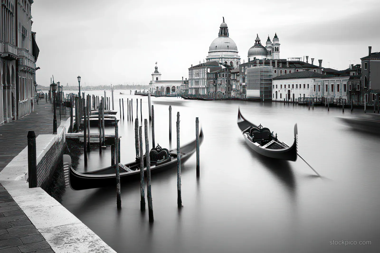 Gondolas rest beside wooden posts in a quiet Venetian canal with domed buildings under cloudy skies.