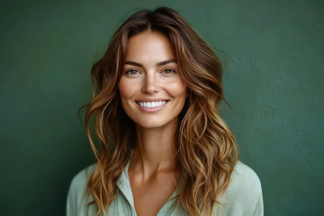 Smiling young woman with wavy brown hair wearing a light green shirt against a textured green studio background.