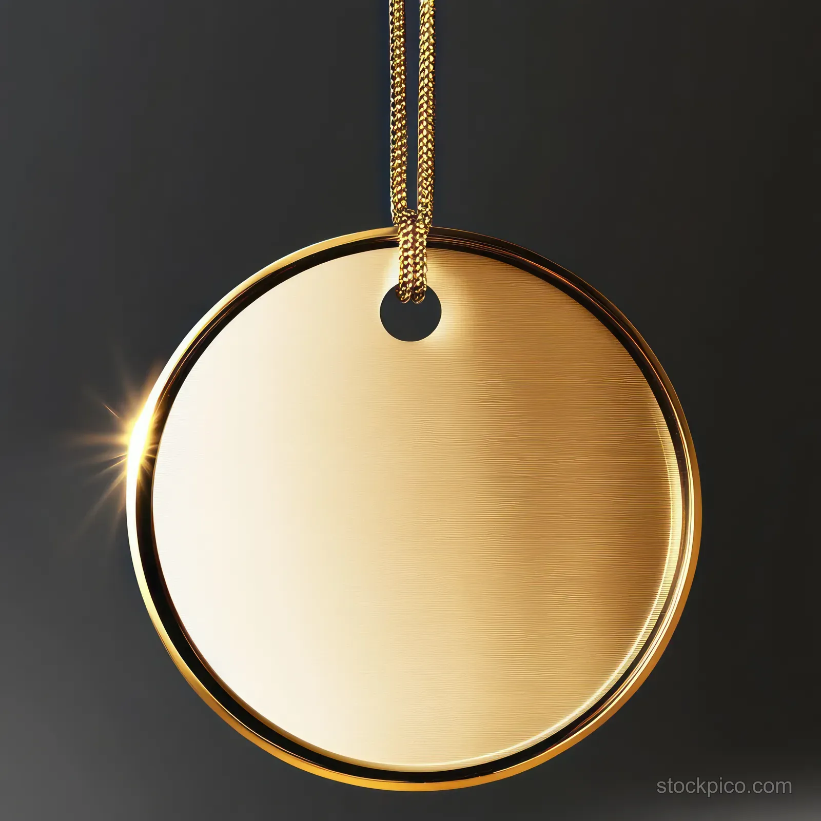 A gold circular medal hangs from a golden chain with a bright glare reflecting on its polished edge against a dark background.