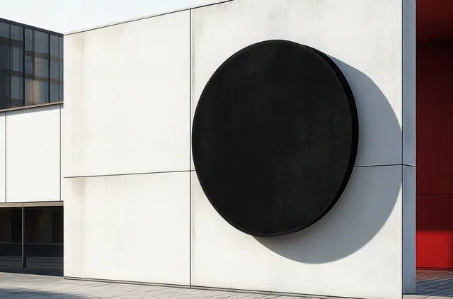 Black circular relief on a white building facade casts a sharp shadow on the wall in daylight.