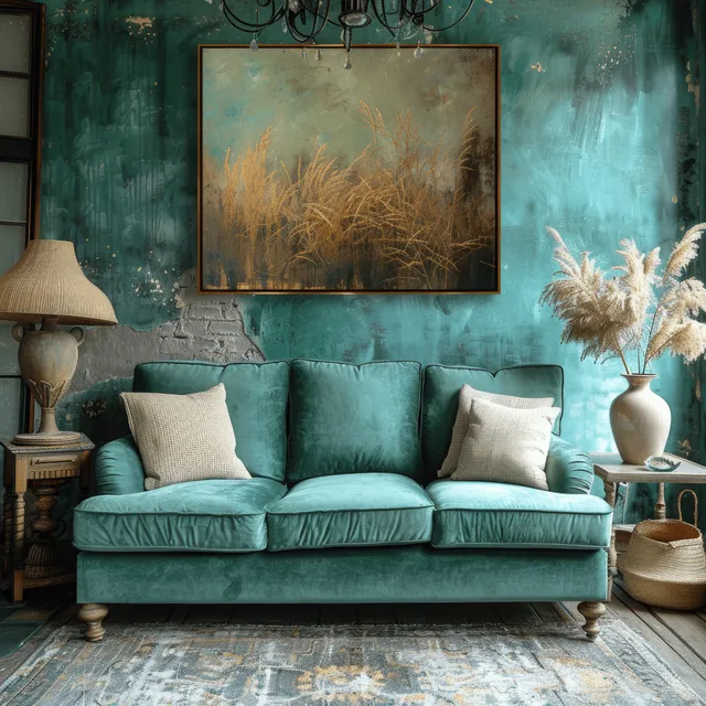Green velvet sofa in a minimalist loft living room against a textured teal wall with a landscape painting and vases.