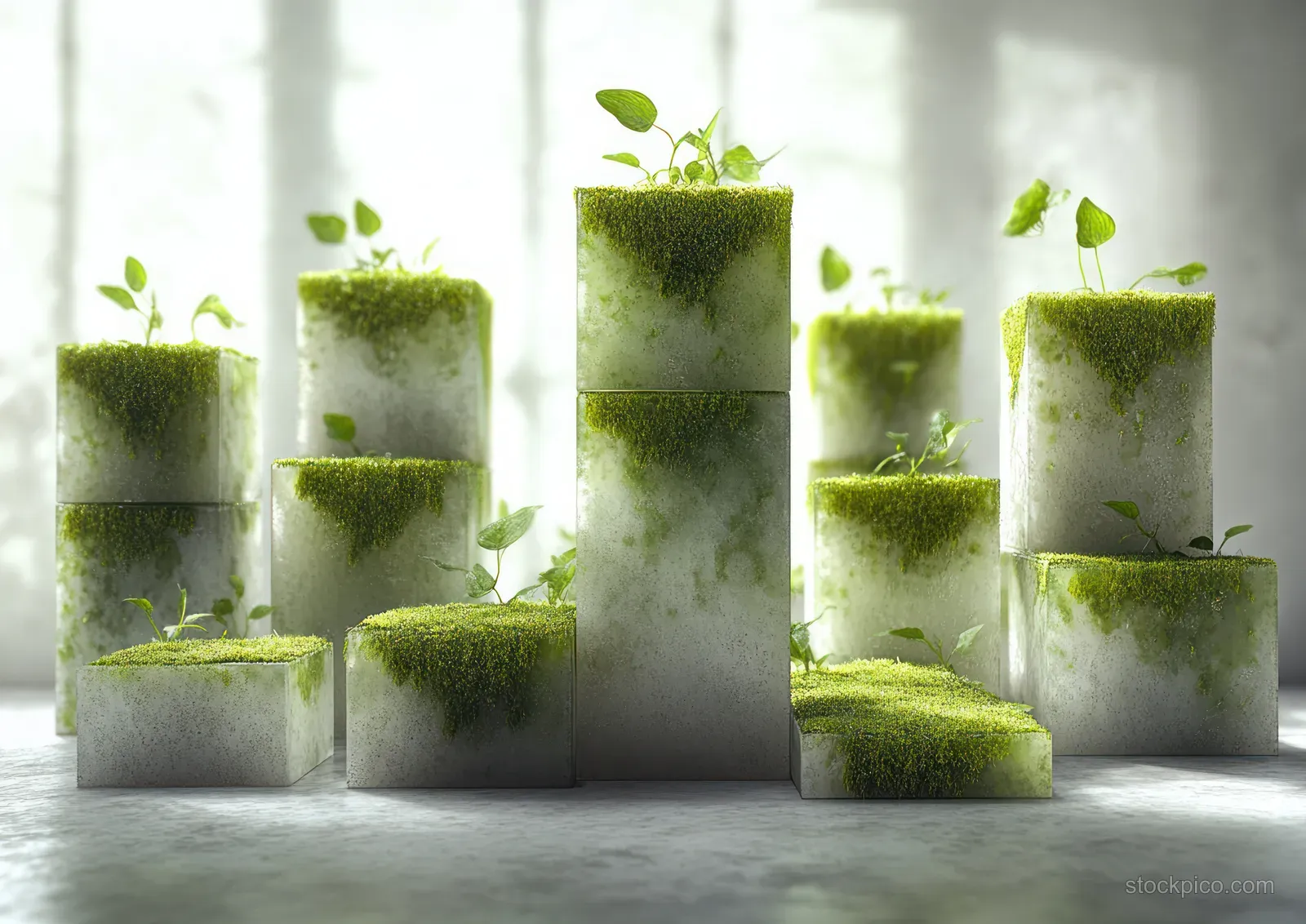 Minimal 3D podium blocks covered with green moss stand in soft sunlight inside a bright studio space.