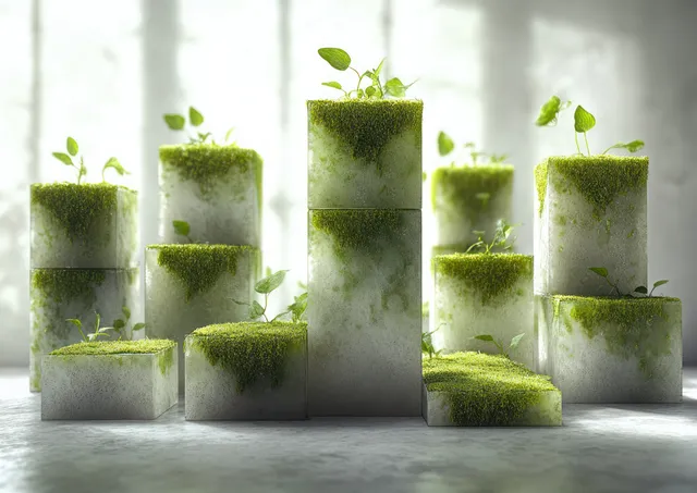 Minimal 3D podium columns with green moss and soft sunlight in a studio