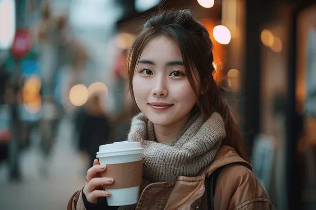 Young woman holding a takeaway coffee cup while walking in a softly blurred city street market with warm lights.