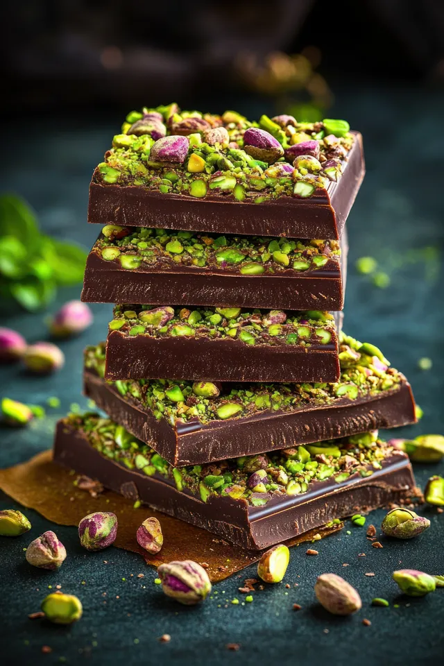 Stack of dark chocolate bars with pistachio topping on a moody dark tabletop