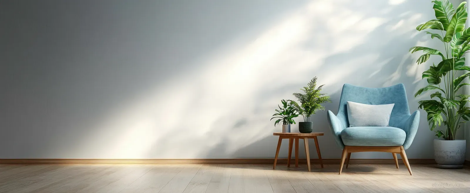 Blue armchair and wooden side table with small potted plants in a bright minimalist interior.