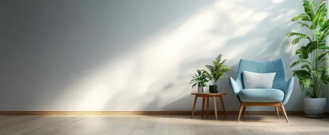 Blue armchair and wooden side table with small potted plants in a bright minimalist interior.