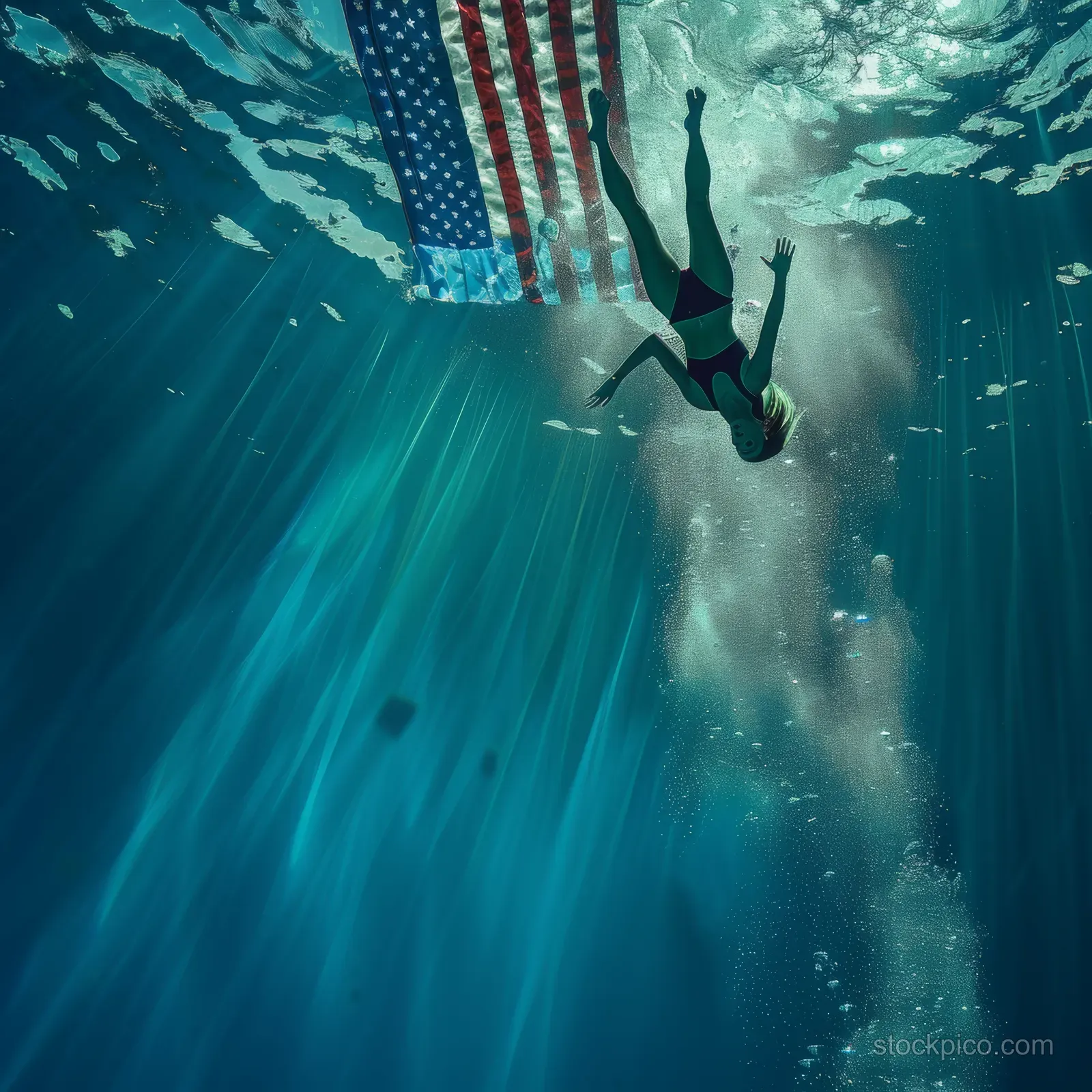 Female diver swims underwater with sunlight rays and bubble trail after a high platform entry.
