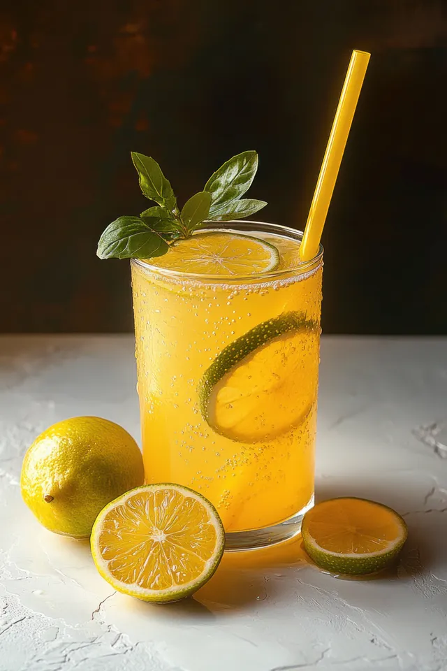 A glass of bubbly lemon soda with basil garnish and lemon slices sits on a light table with whole lemons nearby.