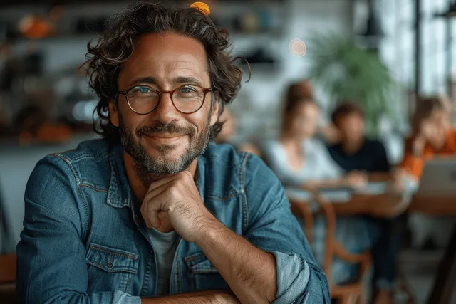 Smiling man in eyeglasses sits at an office table as coworkers blur in the background.