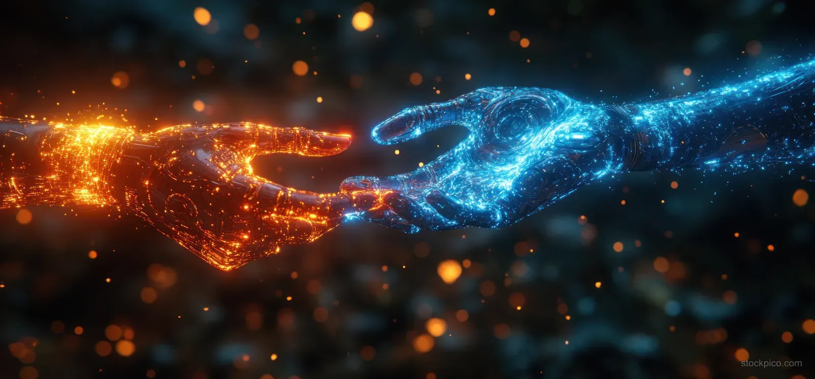 A glowing human and robot hand connect through holographic network lines in a dark cyberpunk space.