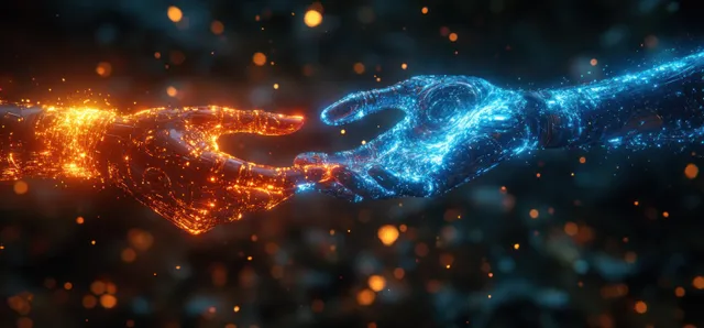 A glowing human and robot hand connect through holographic network lines in a dark cyberpunk space.