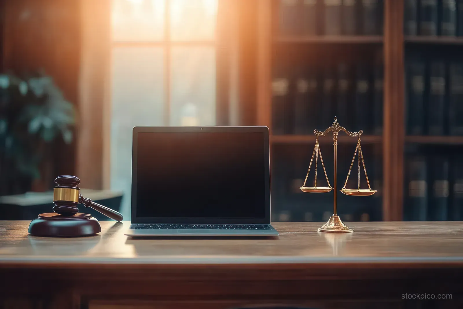 Gavel, closed laptop, and golden balance scale sit on a wooden desk inside a law library lit by warm window sunlight.